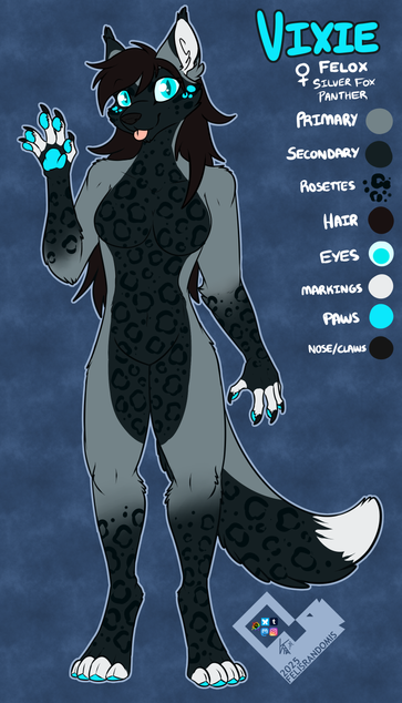 Digital art of a feline/fox hybrid made for an art reference. Her name is Vixie, and she is a silver fox panther hybrid.
