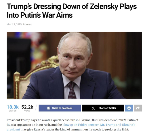 Headline: "Trump’s Dressing Down of Zelensky Plays Into Putin’s War Aims"
Date: March 1, 2025
Category: News

Image Description: A photograph of Russian President Vladimir Putin sitting in a formal setting. He is wearing a dark suit, a white shirt, and a patterned tie. His expression is neutral, and he is seated in an ornate chair with a golden frame. The background is blurred but appears to be an official setting with decorative elements.

Article Summary (Partial): The article discusses former U.S. President Donald Trump's recent criticism of Ukrainian President Volodymyr Zelensky and how it may align with Russian President Vladimir Putin's war objectives. It mentions Trump's stated desire for a quick ceasefire in Ukraine while highlighting Russia’s slower approach.
