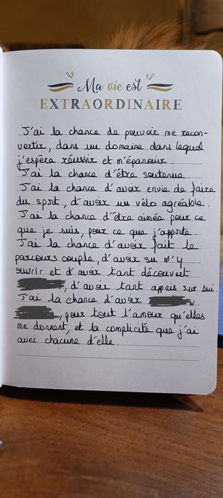 Ouverture sur la page "ma vie est extraordinaire" dans laquelle on doit noter ce qui la rend si chouette.