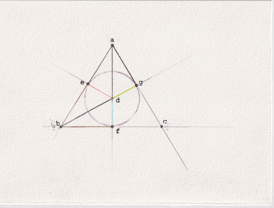 A rendering negotiated from book IV proposition 4 of Elements (1482 print-edition).

An equilateral triangle within which is a circle that touches all three its sides. Various lines pass through the center of the circle, either made of colored pencil or of graphite, and some of these lines (as well those making up the triangle) extend further than what is necessary.