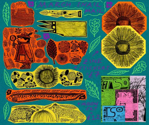 A set of illustrated stickers featuring forest animals, detective Tso, Fraser the cat, leaves, and flowers. Then there are hexagonal-shaped zines with flowers on them, and a set of four zines in the corner.