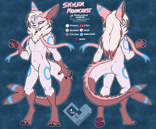 Digital art of an Eeveelution hybrid made for a character reference. They are a hybrid of Espeon, Umbreon, Sylveon, Jolteon, and Vaporeon.
