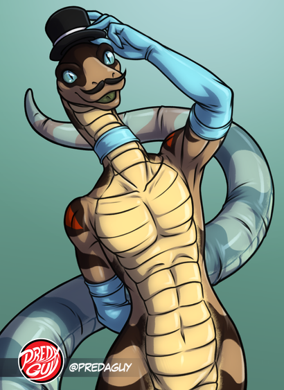 Anthro snake guy wearing a top hat and long gloves and a tail stocking