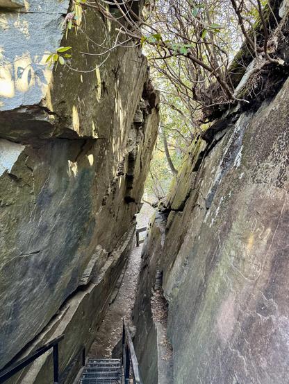 Devil’s Kitchen at Caesars Head State Park in northern Greenville County in South Carolina. A rock which is approximately 30 feet high has been split in two by natural forces, allowing people to walk through. The gap is only two feet wide at the bottom.