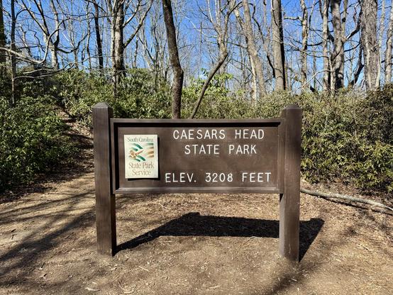 A sign at Caesars Head State Park in northern Greenville County in South Carolina, which indicates the elevation is 3,208 feet.