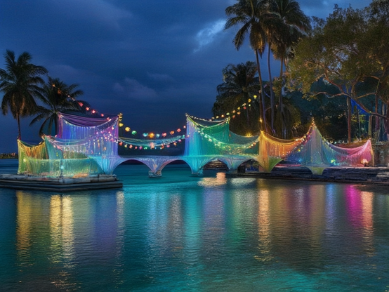 A dreamy nighttime small artificial tropical island, connected to the shore by a a short bridge, all decorated for a celebration, with draped, illuminated fiber optic fabric, accented with strings of colorful lights.