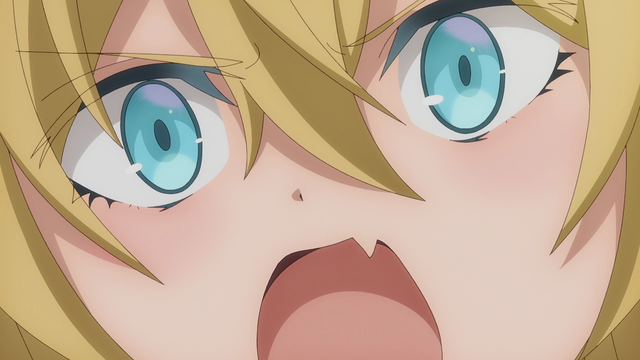 A closeup of a blue-eyed blonde girl with a flesh fang