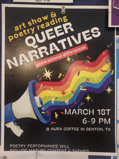 Art show and poetry reading
Queer Narratives. Generational differences. March 1st 6 to 9pm Aura Coffee Denton Tx