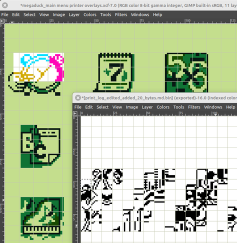 screenshot of emulated megaduck screen and work in progress decode of printing data that matches the screen
