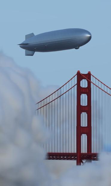 A 3D rendering of a zeppelin hovering above a fog-shrouded Golden Gate bridge.