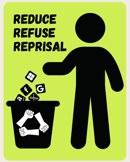 The words REDUCE, REFUSE, RECYCLE beside a black stick figure tossing squares into a recycle bin on a yellow-green background. The squares contain white logos of Microsoft, Facebook, Google, Twitter, and Amazon.