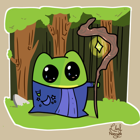 Froggelio in the forest with a blue tunic with stars motivs and a stick with a bright jewel.