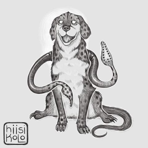 A sketch of a DnD "blink dog" modelled after a happy labrador instead of the typical vicious feline. It is saying "hi" with it's tentacle-like appendix and sits like a good boy.