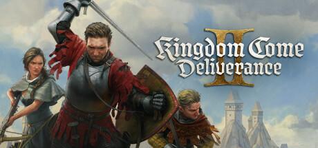 Das Logo des PC-Games Kingdom Come Deliverance II zeigt eine Person in Plattenrüstung ohne Helm und eine zum Schlag erhobene rechte Hand mit Schwert. An der Linken ist ein Schuld befestigt. Links und rechts der Person sind zwei weitere Personen zu sehen, im Hintergrund ragen Türme auf.