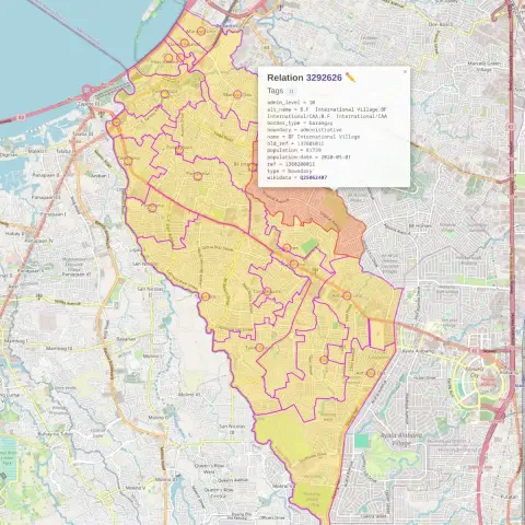 Screenshot of an Overpass Turbo query result map showing the boundaries and the node label positions of the 20 barangays of Las Piñas with the relation of BF International Village selected showing its tags.