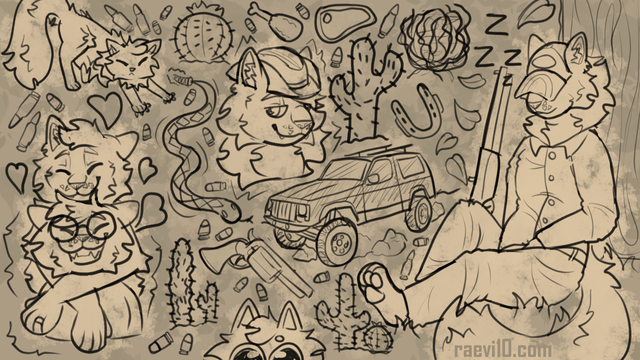 a tan sketch page of an anthro cat, the main sketches are a fullbody of him leaning aginst a tree with a gun propped against him, a headshot of him in a cowboy hat, a sketch of him peeking at the bottom, a bust of him with his head ontop of another cat hugging them around the neck, and finally a doodle of him stretching, the rest of the page is full of bullets, cacti, and other desert themes