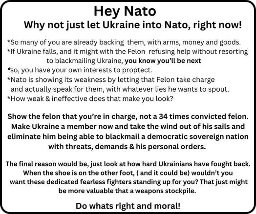 Hallo NATO

Warum nehmt ihr die Ukraine nicht einfach in die NATO auf, jetzt gleich! *So viele von euch unterstützen sie bereits, mit Waffen, Geld und Waren. *Wenn die Ukraine fällt, und das könnte sie, wenn der Verbrecher die Hilfe verweigert, ohne die Ukraine zu erpressen, wisst ihr, dass ihr die nächsten seid *So habt ihr eure eigenen Interessen zu schützen. *Die Nato zeigt ihre Schwäche, indem sie diesen Verbrecher das Kommando übernehmen und für sie sprechen lässt, egal welche Lügen er verbreiten will.

*Wie schwach und ineffektiv lässt Sie das aussehen?

Zeigen Sie dem Verbrecher, dass Sie das #Sagen haben und nicht ein 34-fach verurteilter Verbrecher. Machen Sie die Ukraine jetzt zum Mitglied und nehmen Sie ihm den Wind aus den Segeln und verhindern Sie, dass er ein demokratisches, souveränes Land mit Drohungen, Forderungen und seinen persönlichen Befehlen erpressen kann.

Der letzte Grund ist, dass sich die #Ukrainer so hart gewehrt haben. Wenn der Schuh auf dem anderen Fuß steht (und das könnte der Fall sein), würden Sie dann nicht wollen, dass diese engagierten, furchtlosen Kämpfer für Sie eintreten? 
Das könnte wertvoller sein als ein Waffenarsenal. 

Tut, was richtig und moralisch ist!
