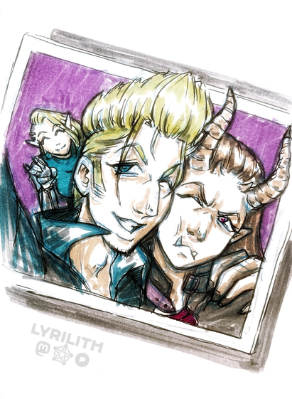 Sketchbook drawing done with black pen and markers. It depicts a photograph of a blonde man with sideburns, slightly upward styled hair, wearing a blue jacket with popped up collar. He winks and pulls a woman with long brown hair and horns in close for the picture. She looks displeased, frowning with her tusks peeking out of her mouth. In the background a blonde elf with shoulder length hair and a sidecut leans into the picture with a big smile, doing a peace sign with her cybernetic right arm.