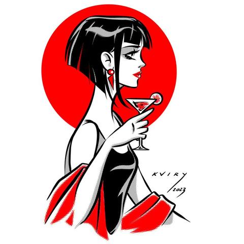 Esercizi di stile - N.004 - Una ragazza con un calice in mano in un abito rosso e nero. Un disco rosso sullo sfondo.