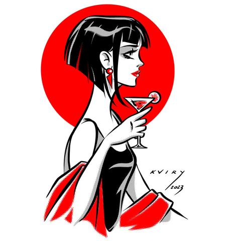 Esercizi di stile - N.004 - Una ragazza con un calice in mano in un abito rosso e nero. Un disco rosso sullo sfondo.