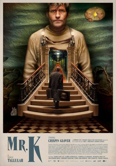 Poster for the surreal film Mr K, showing a man in an overcoat, carrying old fashioned suitcases up stairs into a hotel corridor but above and around the door is another version of himself