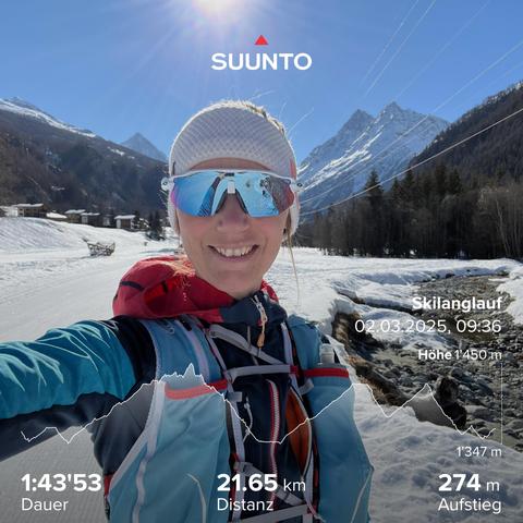 Women with sunglasses in winter landscape. Information of a cross-country tour on the image: duration 1hrs 43min, 21.65km,  274m ascent.