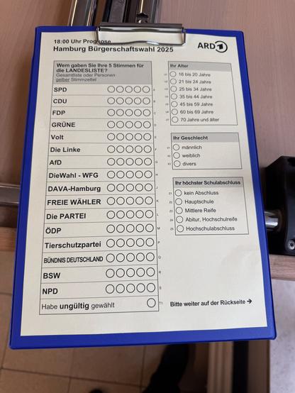 Umfragezettel von infratest für die Bürgerschaftswahl Hamburg 2025, im Auftrag der ARD