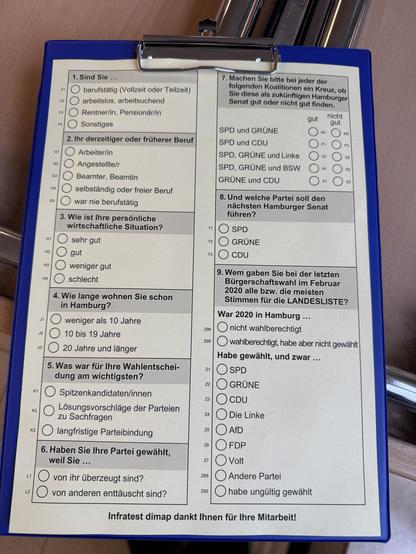 Umfragezettel von infratest für die Bürgerschaftswahl Hamburg 2025, im Auftrag der ARD