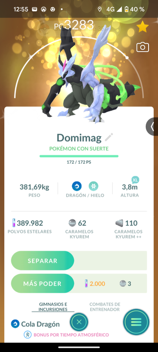 Ficha de un ejemplar de Kyurem Negro en Pokémon GO. Su apodo es "Domimag".
