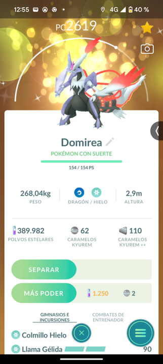 Ficha de un ejemplar de Kyurem Blanco en Pokémon GO. Su apodo es "Domirea".