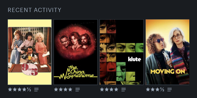 screenshot from Letterboxd mobile app showing 9 to 5 (4½ stars), The China Syndrome (4), Klute (4), and Movin On (3½).