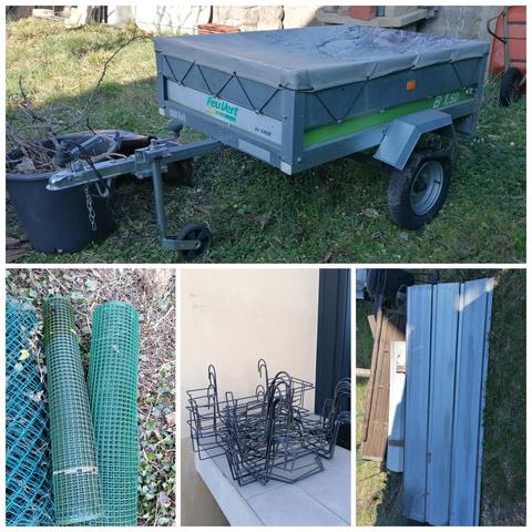 collage de 4 photos: en haut la remorque est bâchée, dans un jardin. En dessous, on voit trois rouleaux de grillages (métallique et/ou plastique) verts sur des feuilles mortes, une photo de supports de jardinières en deux piles (environ une dizaine) et une photo verticale de tôles en métal, posées sur d'autres éléments de construction.