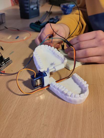 Ein offenes komplettes weißes Gebiss aus dem 3D Drucker liegt neben vielen technischen bauteilen