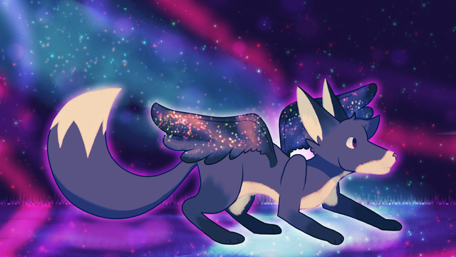 A digital drawing of a fox with purple and cream fur, and a set of starry wings. It is crouched, ready to pounce. It is set against a starry space background, and standing on a very reflective surface. The fox is glowing just slightly.