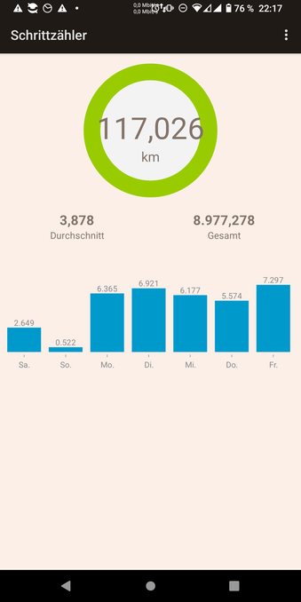 Schrittzählerapp mit im Schnitt 6-7 km am Tag und dann ein Tag mit 117 km