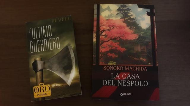Two books, "L'Ultimo Guerriero" by Tim Severin and "La Casa del Nespolo" by Sonoko Machida, are placed on a wooden surface.