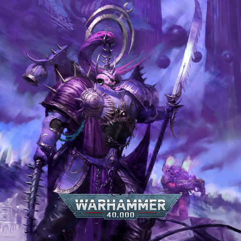 Picture of a purple necrotic warrior holding a serrated spear in one hand and a bony whip in the other. A title card at the bottom in white text reading "Warhammer 40,000"