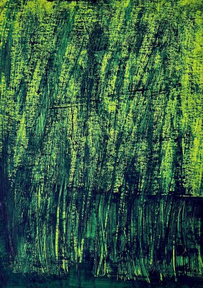 Längliches abstraktes Bild in Blau und Gelb, die sich teilweise zu Grün vemischen.