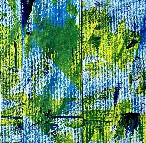 Etwa quadratisches abstraktes Bild in Blau und Gelb, bei dem an einigen Stellen Weiß durchscheint.