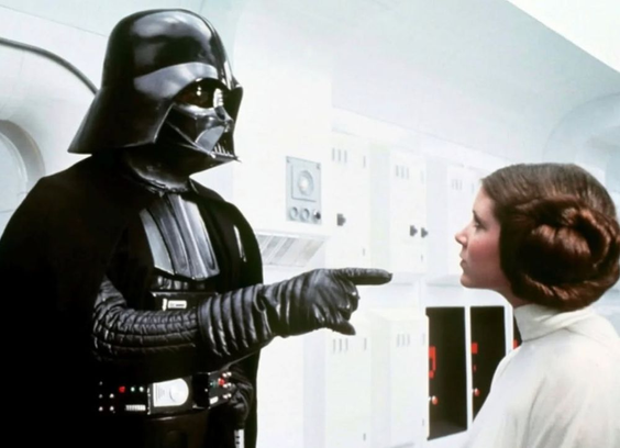Darth Vancer points at Princess Leia.