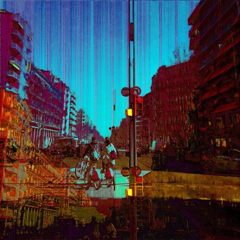Barcelona digital glitch street photography, made with the GNU Image Manipulation Program, IMG-Encode, and Sonic Visualiser.