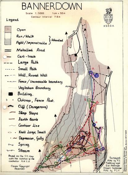 A small area near Bath. One to five thousand two colour (brown and black) drawn orienteering map drawn by PJ Fielding.There is a course drawn, with three sets of master maps.