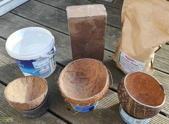 Drei leere Kokosnusshälften, ein gepresster Ziegel mit Kokossubstrat, ein Einlitereimerchen mit Wasser und eine übertrieben große Tüte voller Kressesamen harren auf ihren Einsatz.
