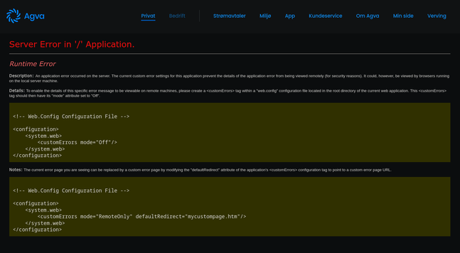 En runtime error med diverse HTML kode vist i feilmeldingen på agva.no