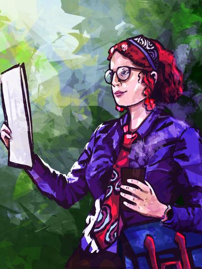 Kayla Eilhart as her Disco Elysium themed LARP character Toni Eclissi. She's reading her students' assignments while drinking her coffee.