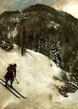 Gemälde (Farbe): Ein Mann auf Ski fährt bergab in einer Winterlandschaft. Im Hintergrund ist ein Berg mit Nadelbäumen zu sehen. Der Mann trägt einen Hut und einen knielangen Mantel. In den Händen hält er einen langen Skistock.