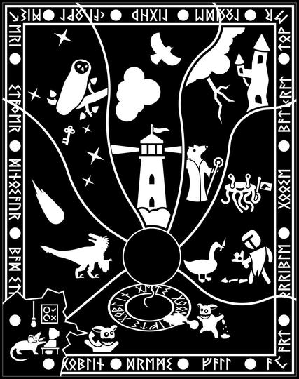 Book cover layout in monochrome, white on black
Thick lines indicate where resin will be poured
Sections:
Tech support possum on the phone with a goblin whose goblin friend has wrecked their magic circle, causing a swirl of universes to appear
A knight fights a goose, but the knight's sword is broken and a flumph has a goose flag
A rat wizard approaches a stormy tower
A lighthouse under a cloud and bird
An owl among the stars with a key
A dinosaur looks at an incoming meteor
Each section will be a different piece of wood with futhark runes (just doing transliterated english)