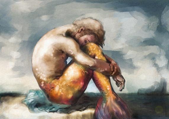 Young MerStede is sitting curled up on the rock above the sea. His tail is orange and sparkly and he has his arms around his knees. He is sitting on the teal fabric