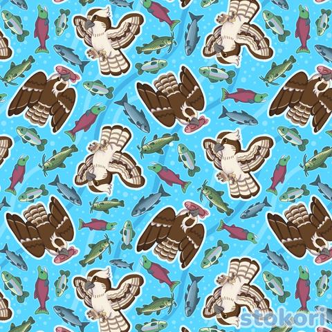 A very busy tiled pattern of ospreys and different kinds of fish. One osprey is flying, and the other is diving with a fish in its beak. There are several kinds of fish filling up the negative space -- bullhead, sockeye salmon, chinook salmon, and rainbow trout. They're all on top of a blue background with subtle waves and dots