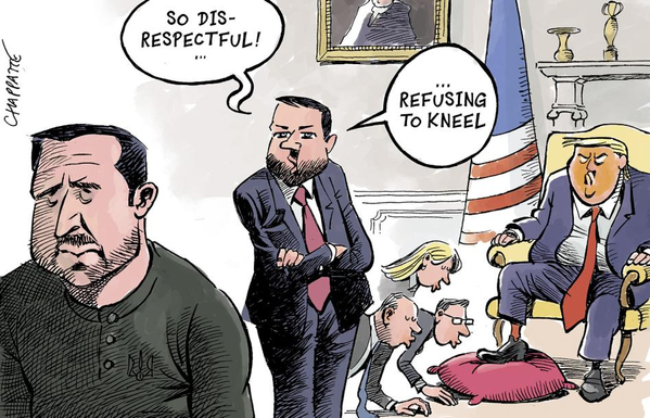 A political cartoon by Chappatte set in the Oval Office. President Trump sits in a high-back yellow chair before a mantel adorned with an American flag on the left. His right foot rests on a pillow, where three individuals are on their hands and knees, poised to kiss his shoe. In the center, Vice President Vance stands with arms crossed, looking to his right (the left side of the image) at Ukrainian President Zelensky. Zelensky walks away, appearing disappointed with slouched shoulders. A speech bubble above VP Vance reads, "So disrespectful! ... Refusing to kneel."